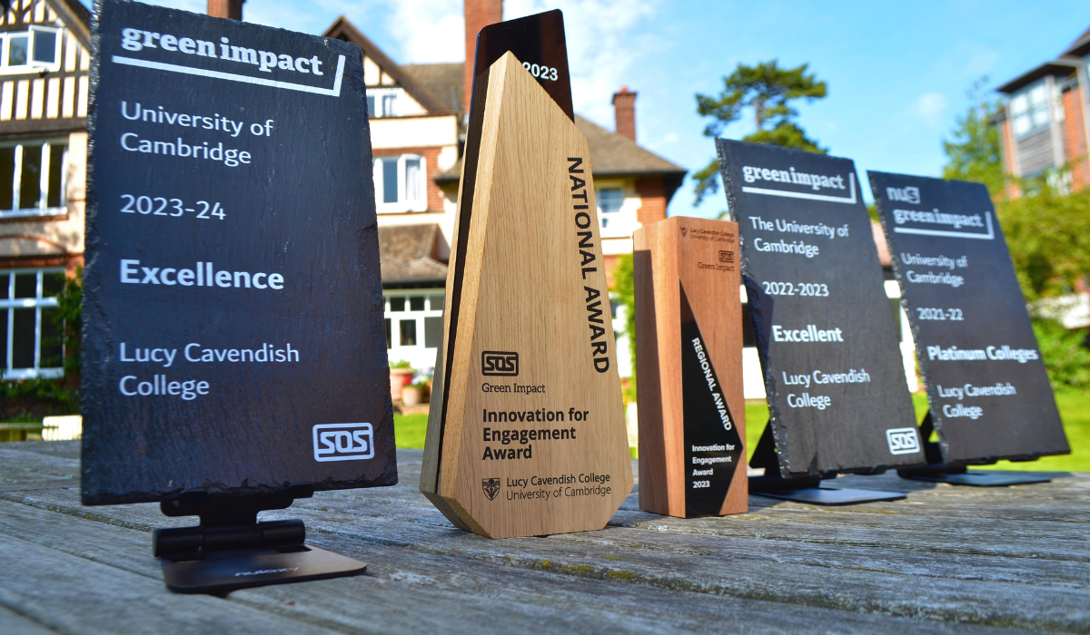 5 awards in a line, some are plaques, some are made of wood, on table in strathairs