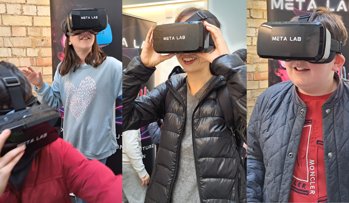 Collage of images of kids wearing VR head mounts at Cambridge Festival