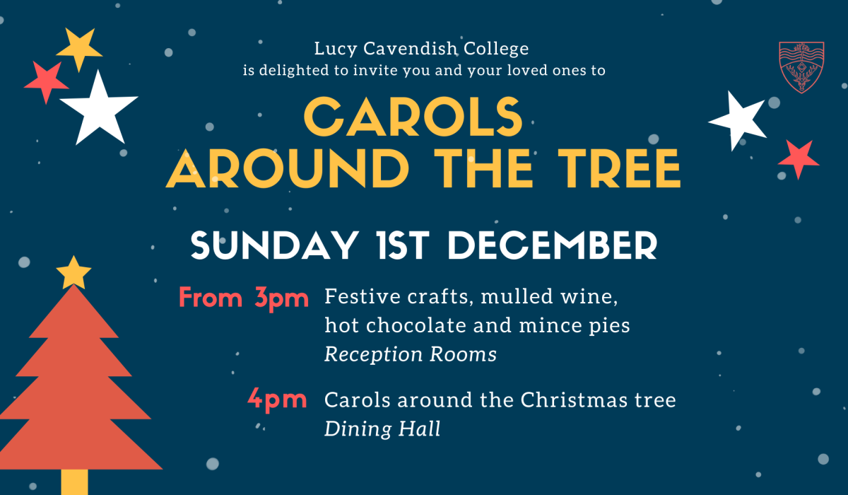 Save the Date announcement for 'Carols Around the Tree' event on Sunday, 1st December from 3 PM. The image features festive decorations with colorful Christmas trees, stars, and a snowy night sky background, inviting attendees to an afternoon of crafts, mulled wine, hot chocolate, mince pies, and Christmas carols.