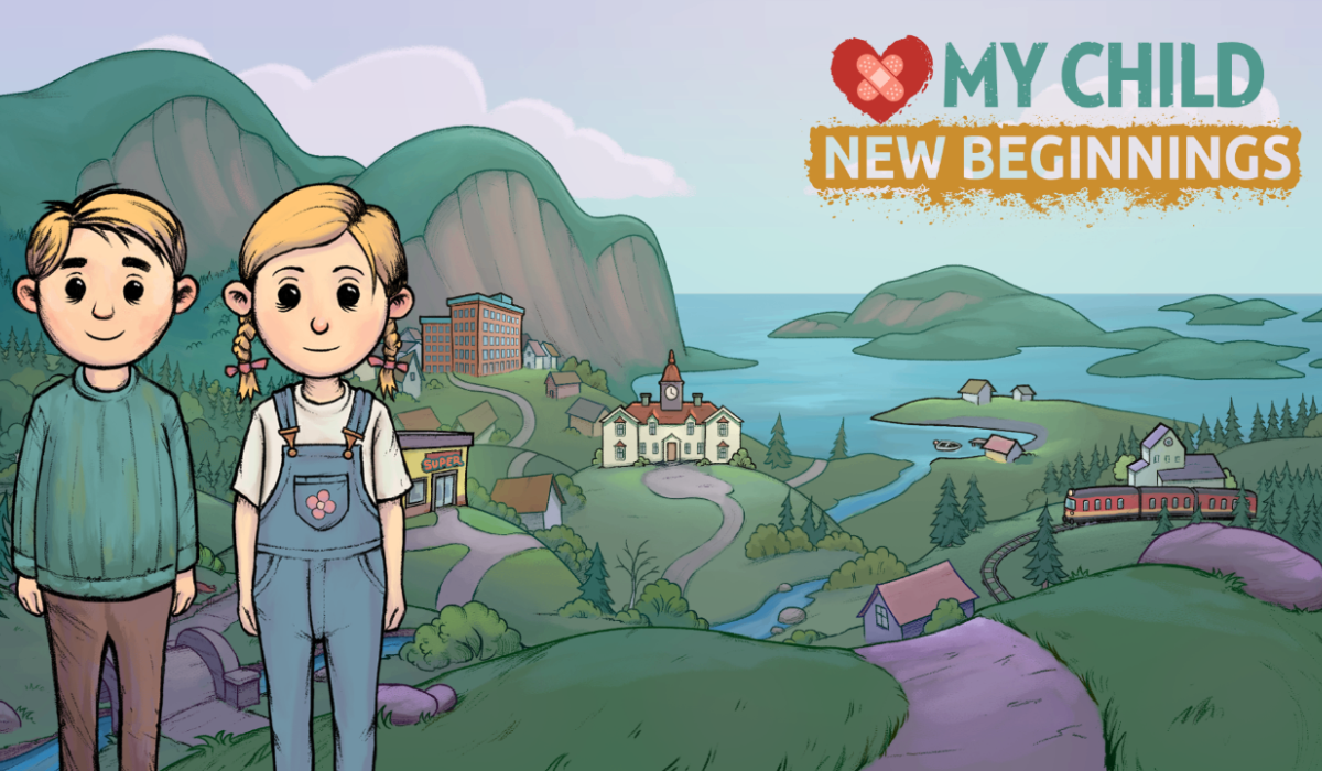 An illustration of two cartoon-style children standing in a vibrant countryside setting. The child on the left has short, blond hair and wears a green sweater and brown pants. The child on the right has blond pigtails, a white shirt, and blue overalls with a flower emblem on the front pocket. The background features rolling green hills, a calm blue lake, a small town with various buildings, a train on tracks, and scattered houses. The logo in the top right corner reads "MY CHILD NEW BEGINNINGS" with a heart