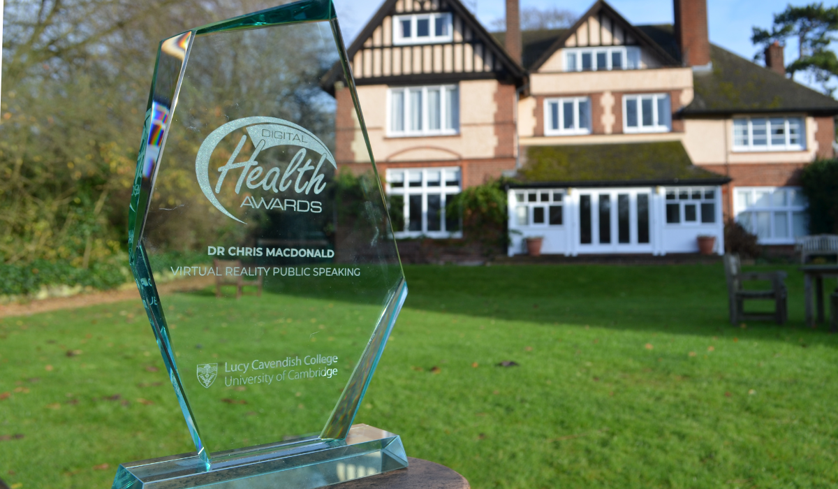 Close up of the glass trophy for the Digital Health Awards, with Strathaird in the background