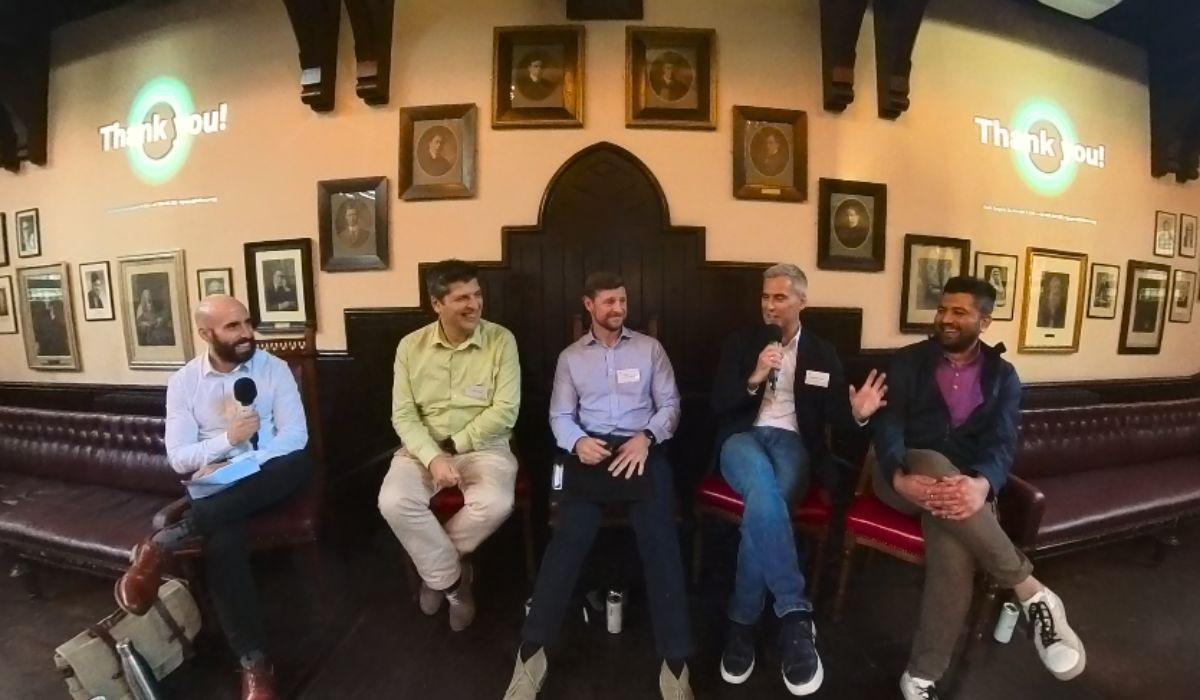 Speakers sitting on bench (from left to right): Dr Chris Macdonald, Boris Gragera, Stephen Spencer-Chapman, Christophe Williams, Kaushal Shah