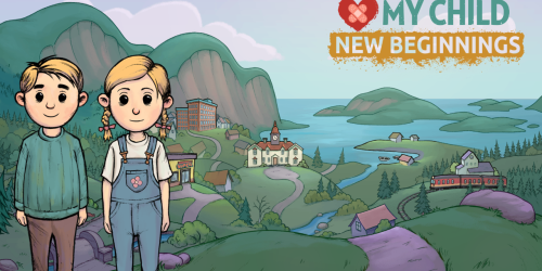 An illustration of two cartoon-style children standing in a vibrant countryside setting. The child on the left has short, blond hair and wears a green sweater and brown pants. The child on the right has blond pigtails, a white shirt, and blue overalls with a flower emblem on the front pocket. The background features rolling green hills, a calm blue lake, a small town with various buildings, a train on tracks, and scattered houses. The logo in the top right corner reads "MY CHILD NEW BEGINNINGS" with a heart