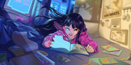 A young woman with long black hair, dressed in a bright pink hoodie, lies on her stomach on a bed in a futuristic room. She is reading a glowing book with an excited expression. Around her are scattered comic books, a smartphone, and futuristic-looking devices. The room features a mix of warm daylight from a window and blue neon lights from screens displaying futuristic data. Posters and notes are pinned to the wall, adding a personal touch to the space. The atmosphere is a blend of cozy and high-tech.