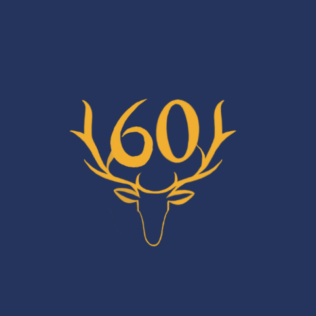 Gold colored logo made up of the number 60 and a stylised stag on drak blue background